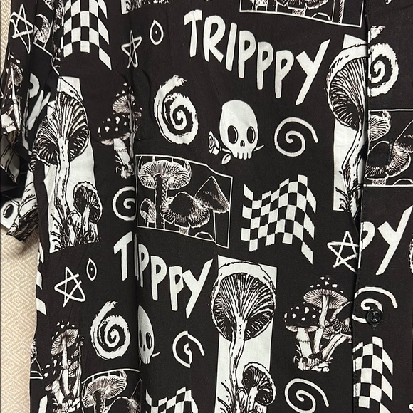 Black and White Casual Button Down Shirt with Gothic Print - Picture 6 of 7